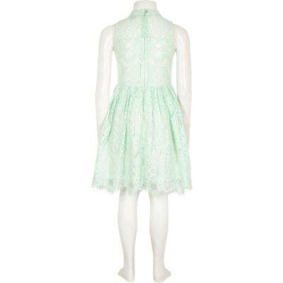 Girls green lace diamante prom dress